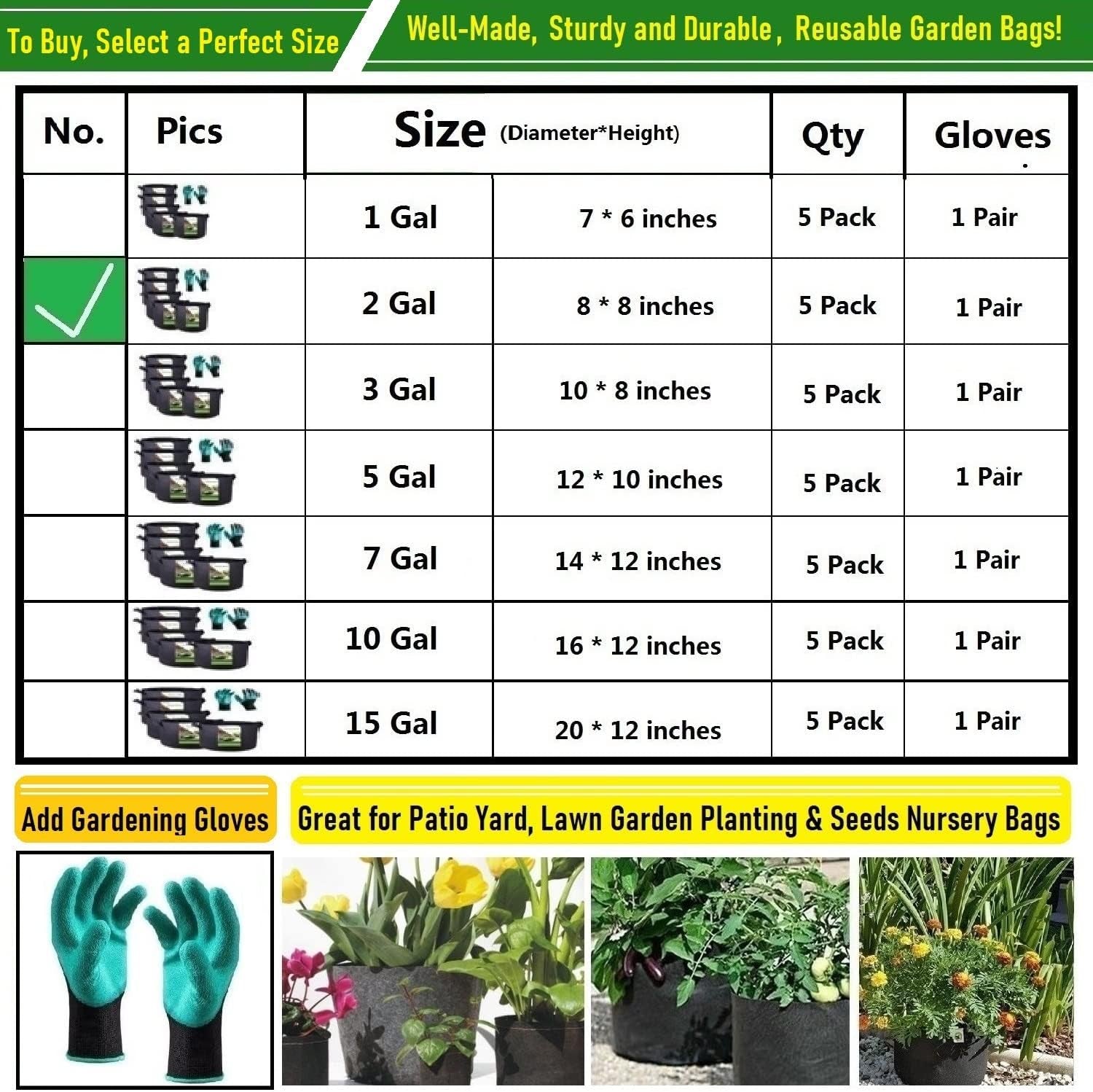 5-Pack 2 Gallon Thickened Plant Grow Bags (8X8 Inch) Nonwoven Fabric Plant Pots for Nursery Bags,Flower Pots,Herbs Veggies Planter Bags,Garden Pots,Barrel Planter,Garden Plant Bags W/ Gardening Gloves