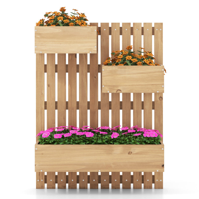 3-Box Wooden Raised Garden Bed with Trellises and Fabric Liners