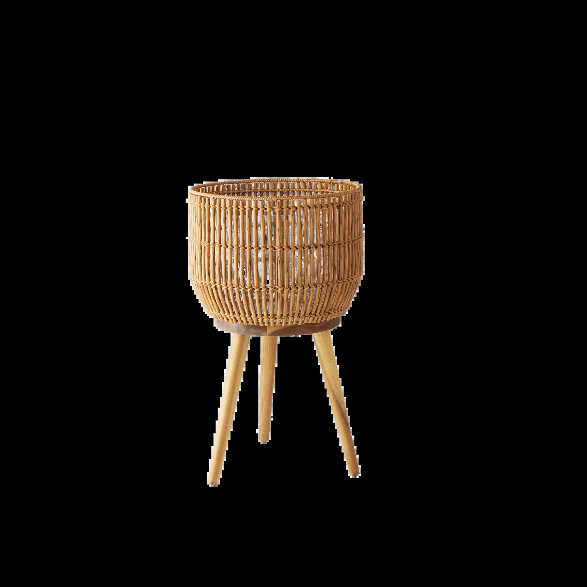 13 Inch round Brown Resin Rattan Planter & Stand with Acacia Wood Legs